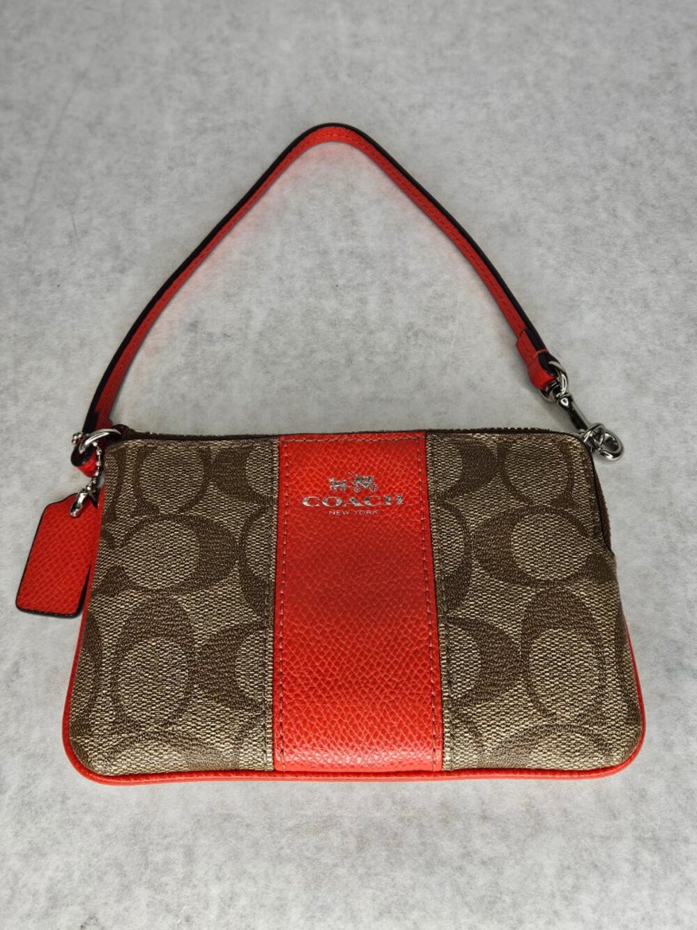 Coach CC Monogram Tan Beige & Red Corner Zip Wristlet Pouch Wallet